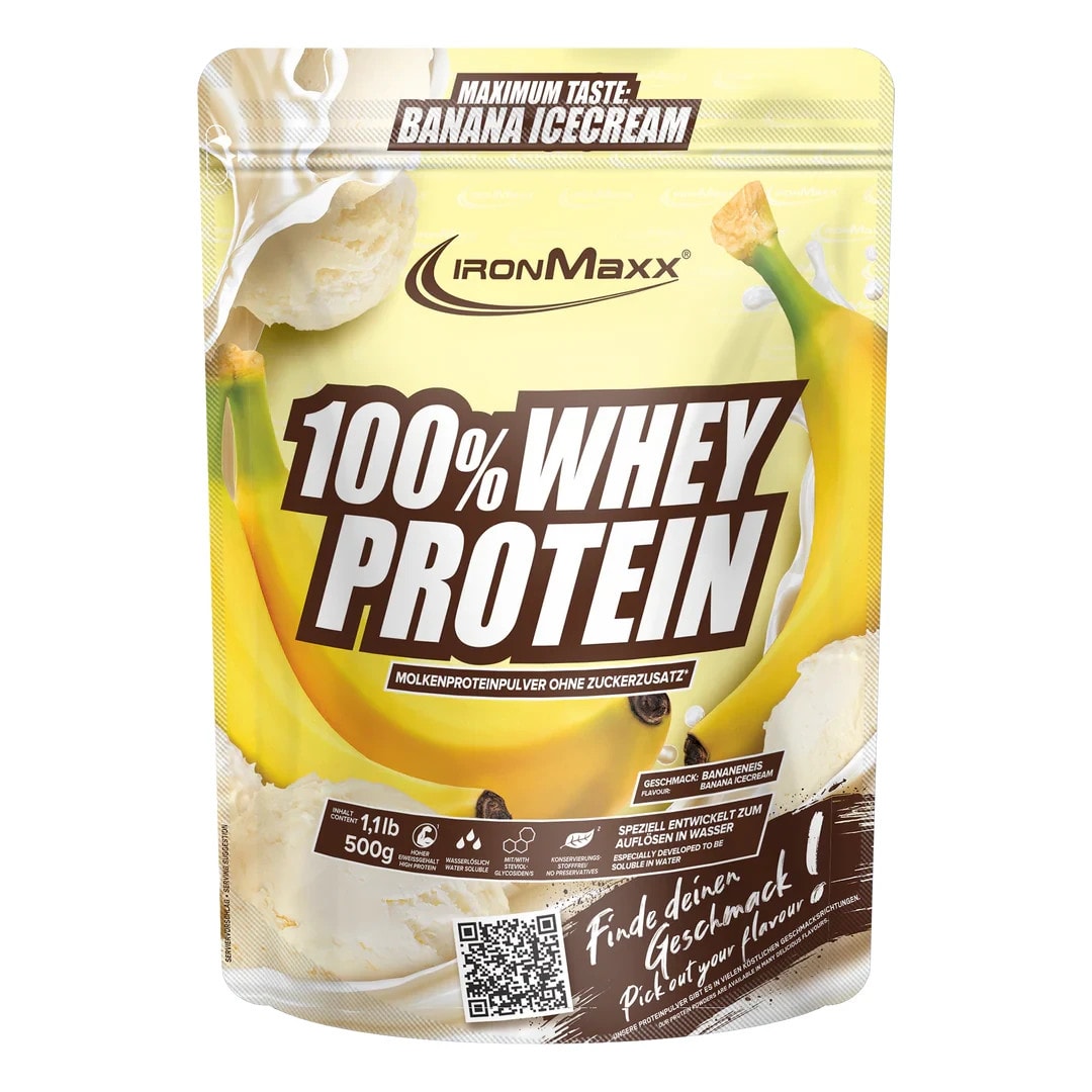 IronMaxx 100% Whey Protein Powder - Banana Ice-cream flavour - 500g.