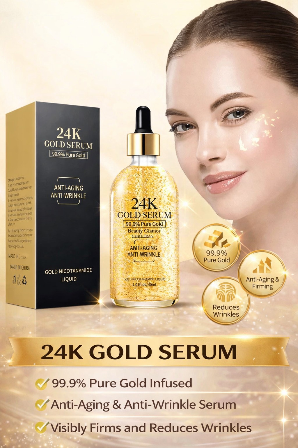 100ml 24k Gold Hyaluronic Acid Nicotinamide Face Serum Anti Aging Facial Lifting