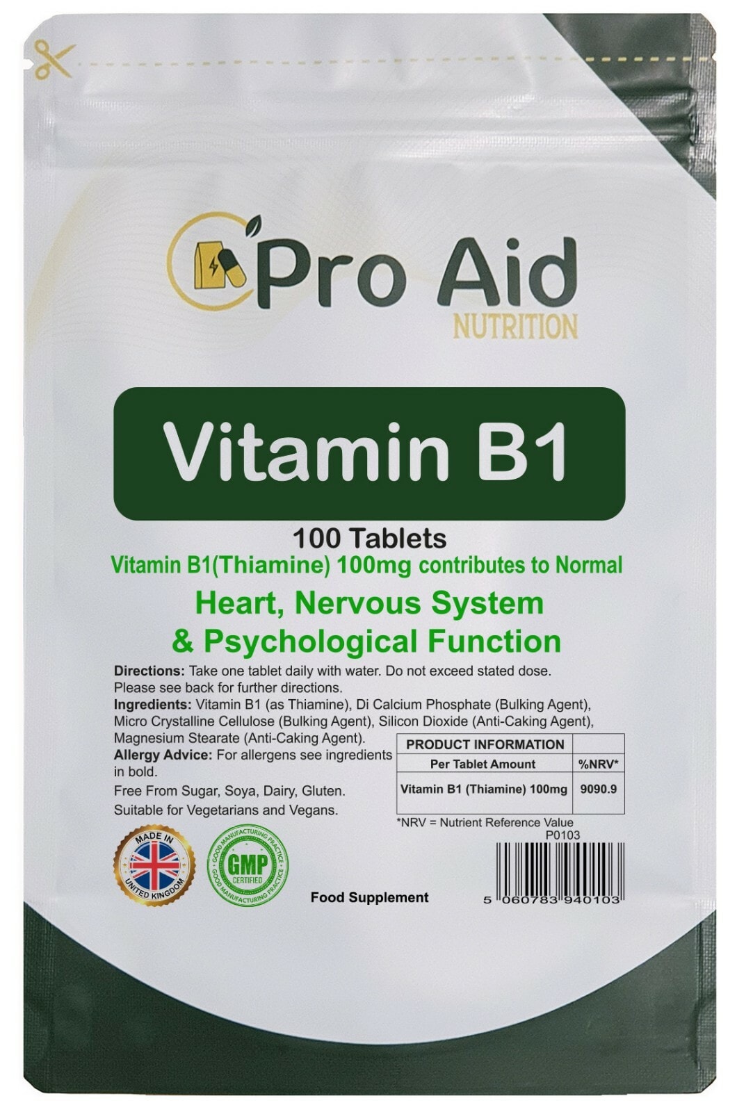 VITAMIN B1 Thiamine Supplement 100mg Tablets 100 Pack Heart Nervous MADE IN UK