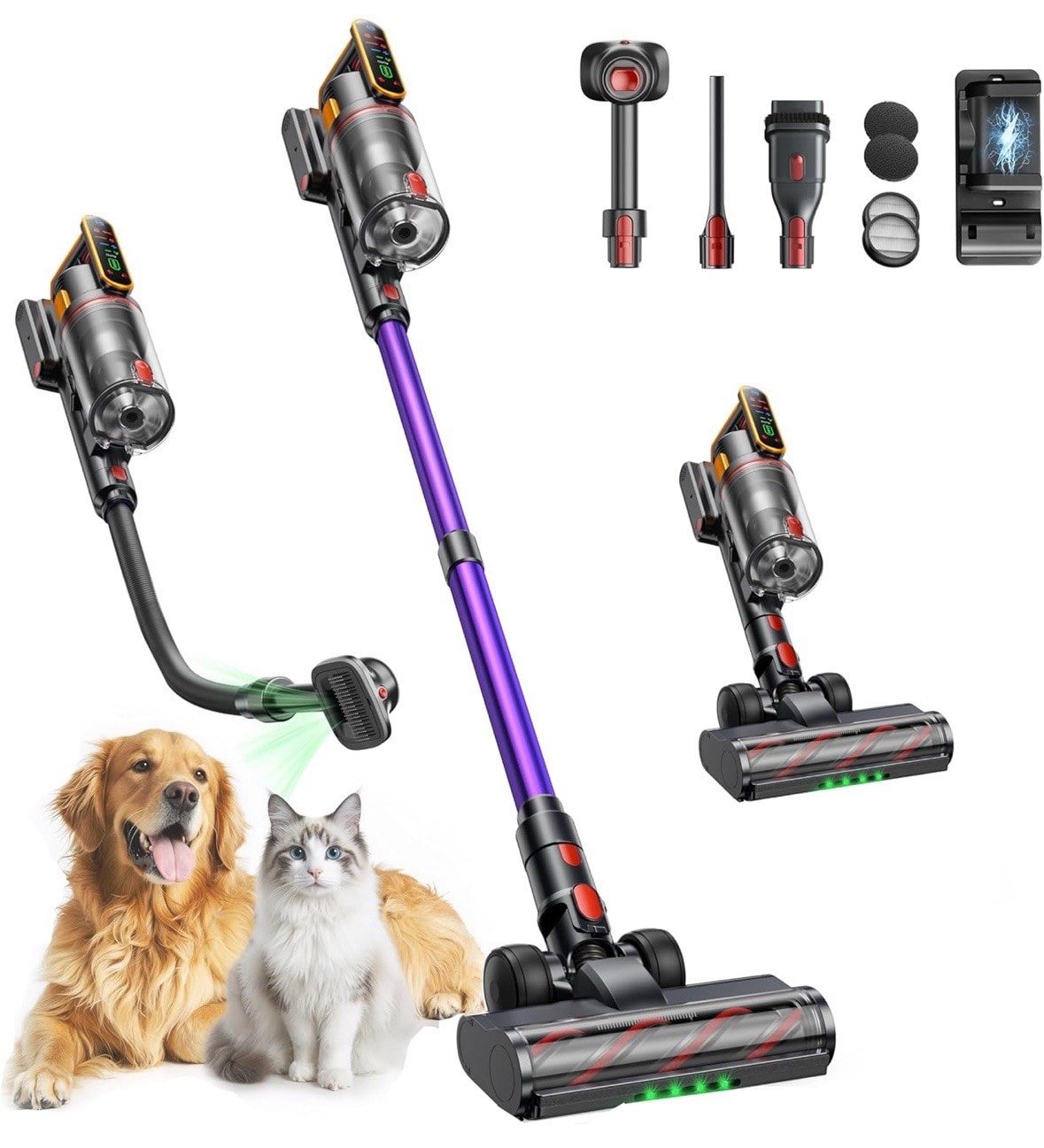 Cordless Vacuum Cleaner, 600W 50Kpa Stick Vacuum with Touch Screen Auto Mode, 65