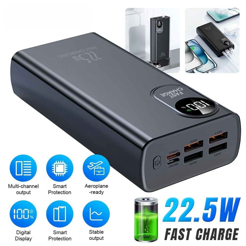 60000mAh Power Bank, 22.5W USB C Portable Charger Fast Charge Battery Pack Black