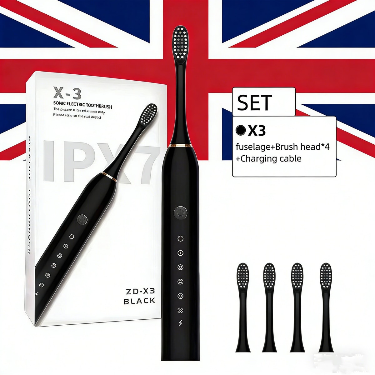 Black Sonic Electric Toothbrush Rechargeable 6 Modes 4/8 Brush Heads UK Stock