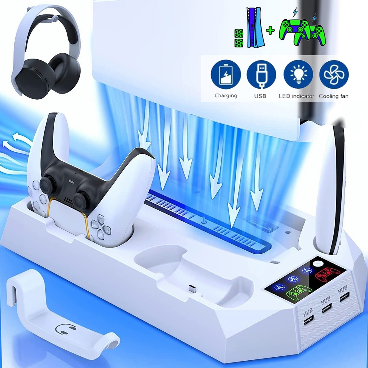 For PS5 Vertical Cooling Fan Charger Stand with Dual Controller Charging Station
