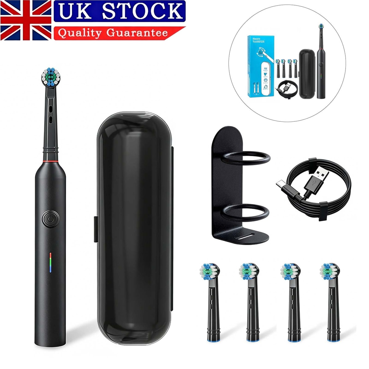 Electric Toothbrush Clean Teeth Rechargeable 5Modes 4X Heads Rotating Toothbrush