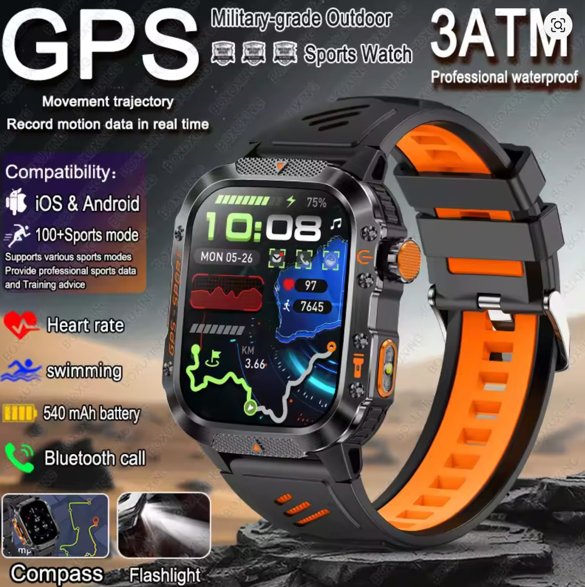 Military GPS Smart Watch Men Women Flashlight Bluetooth Call Tracker Fitness