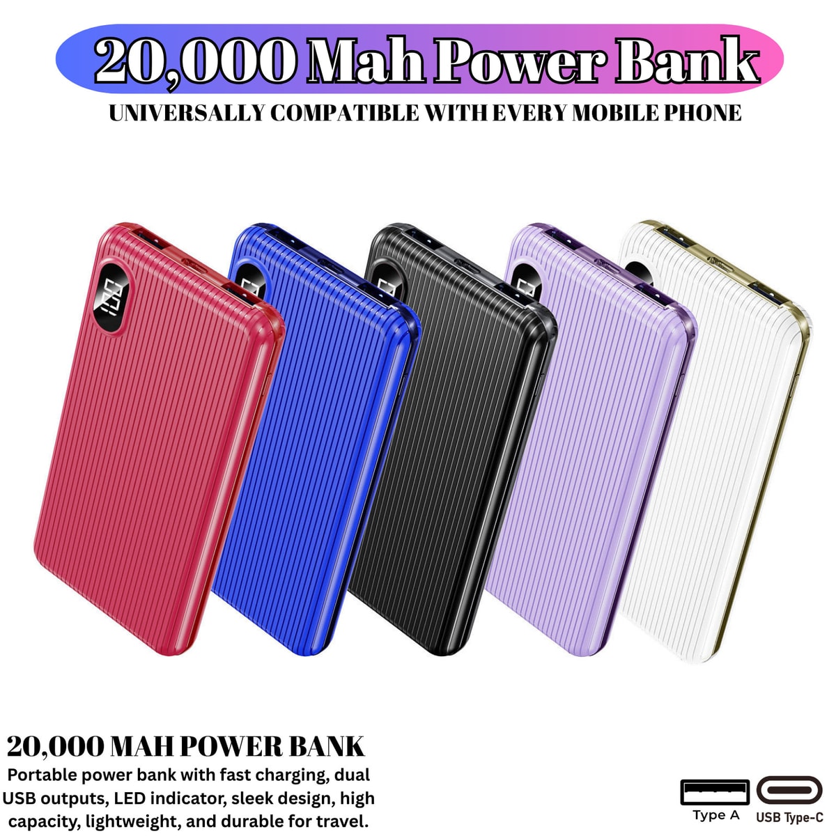 Power Bank 20000mAh Dual USB External Battery Portable Charger For Mobile Phone