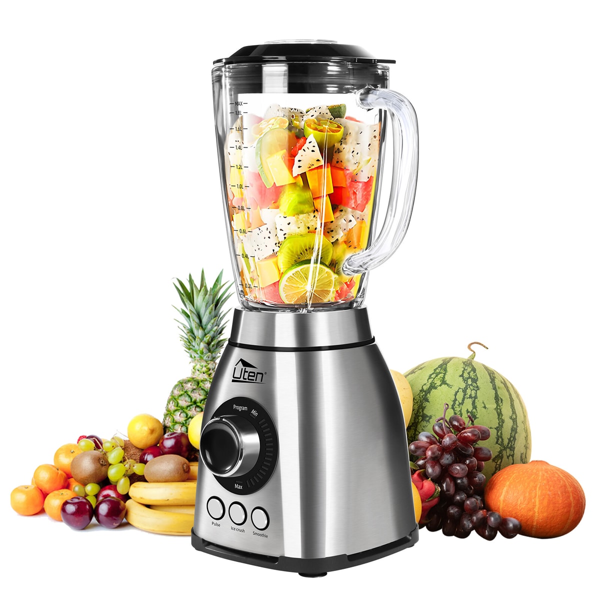 UTEN SL-A01P 1800W Stainless Steel Blender, 1.8L Glass, Multi-Speed, Ice Crush