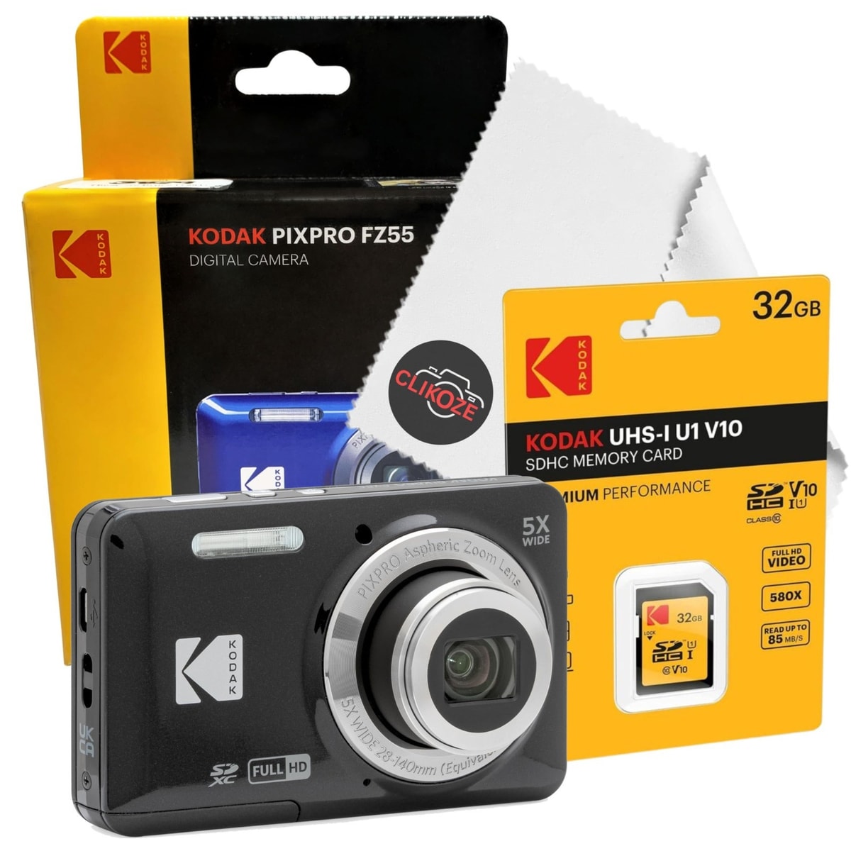 Kodak PixPro FZ55 Digital Camera - Black With 32GB SD Card and Cleaning Cloth