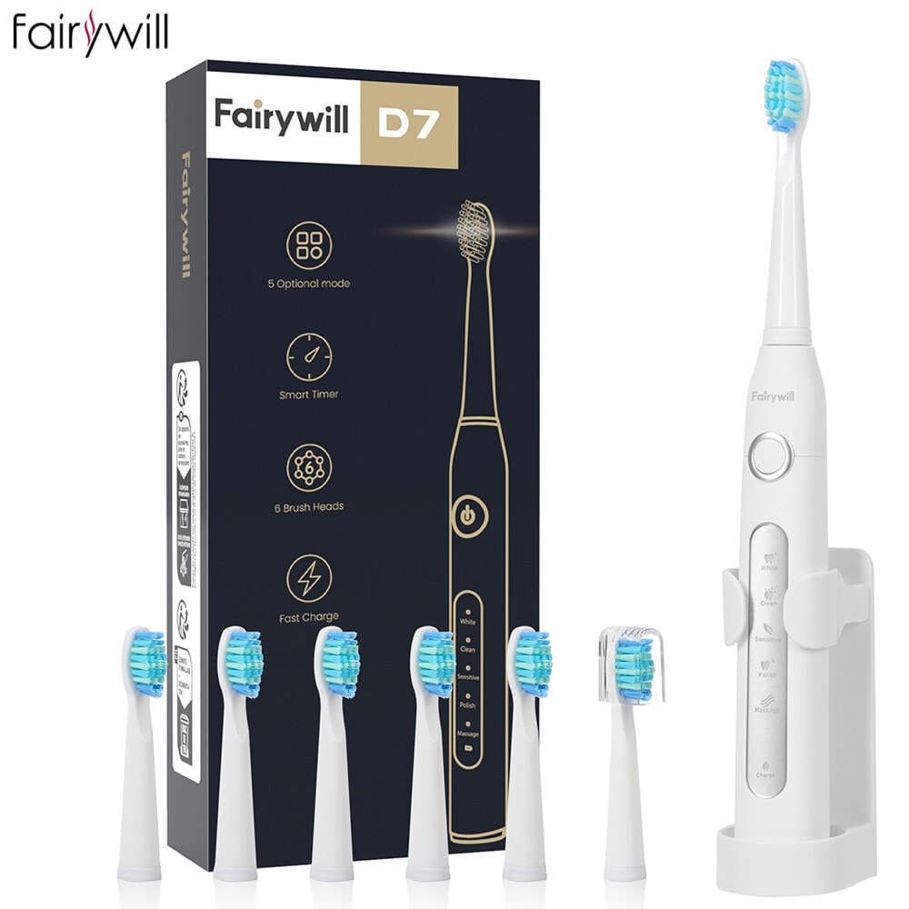 Fairywill Sonic USB Rechargeable Electric Toothbrush 6x Brush Heads Timer 5 Mode