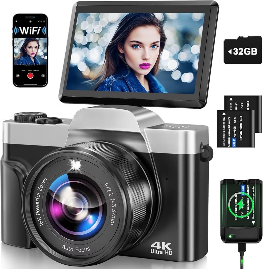 Digital Camera with WiFi, 4K 64MP Autofocus Vlogging Camera for YouTube with SD