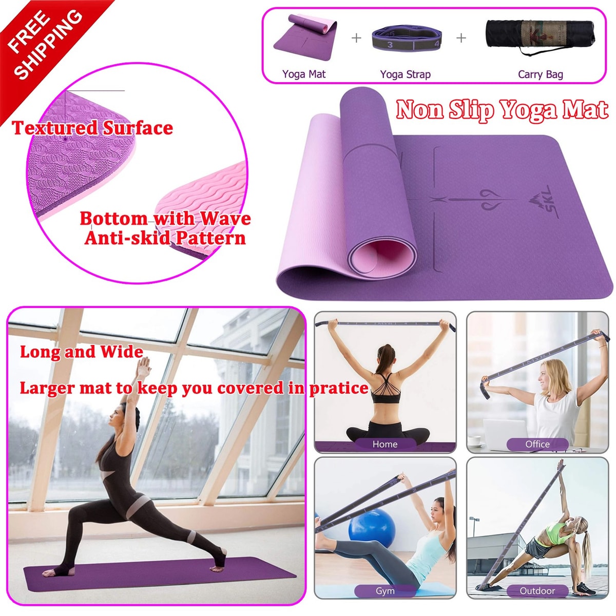 Yoga Mat Non Slip, 1/4 inch Extra Thick TPE Eco Friendly Fitness Exercise【Sale】