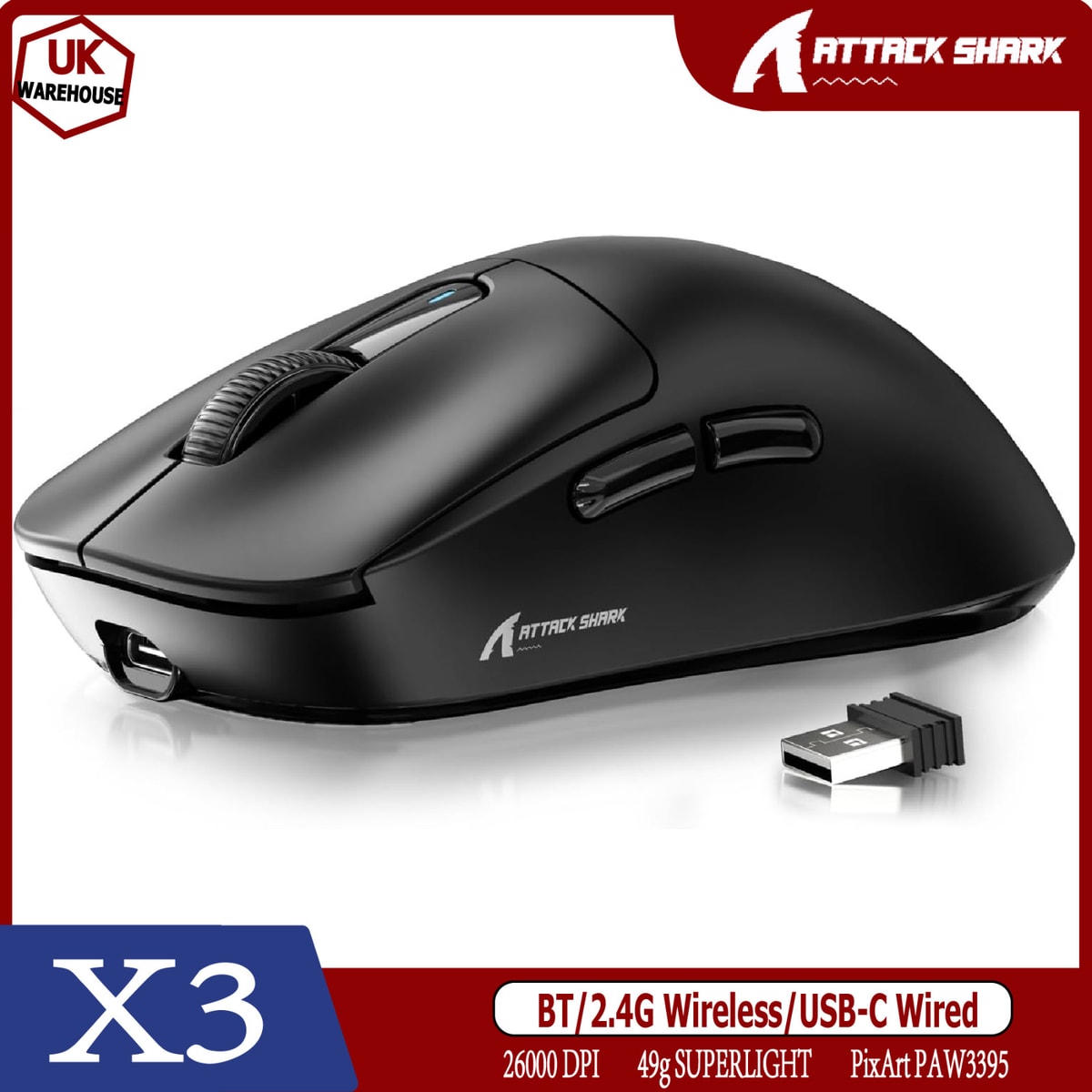 ATTACK SHARK X3 49g SUPERLIGHT Gaming Mouse PixArt PAW3395 BT/2.4 Wireless/Wired