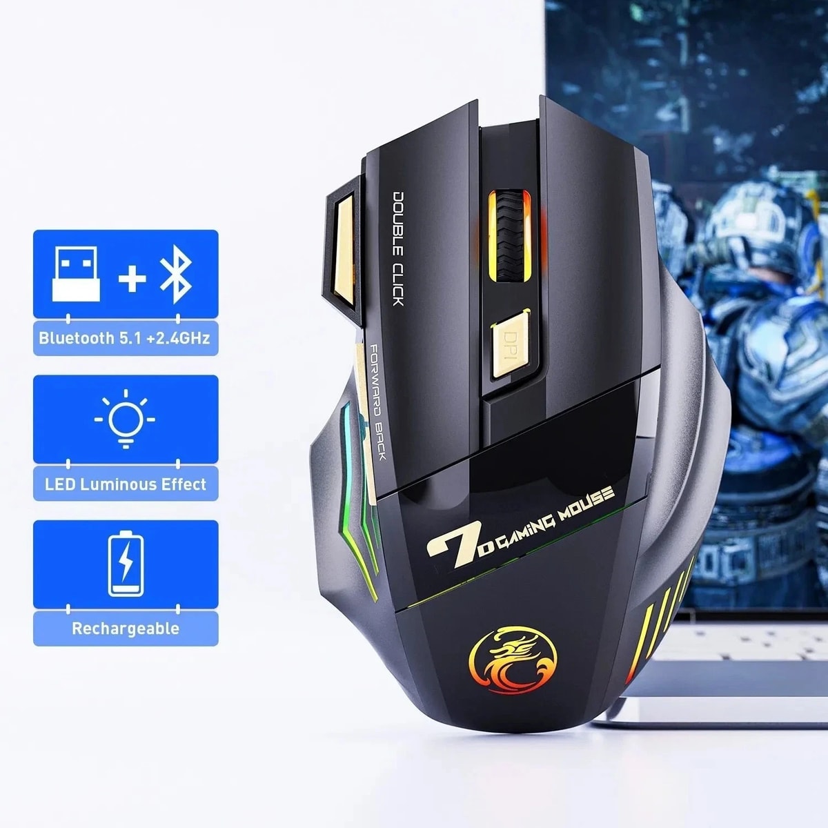 Rechargeable Wireless Gaming Mouse RGB Light Dual Mode Bluetooth & 2.4G 3200 DPI