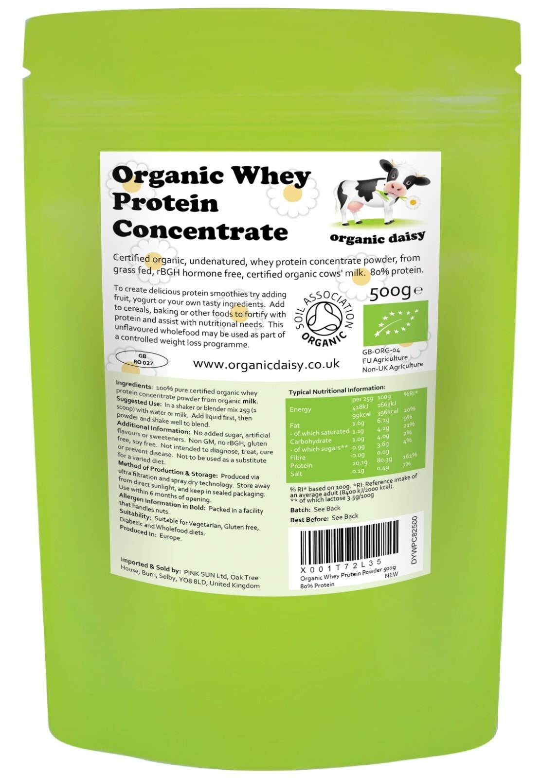 Organic Whey Protein Powder 500g 1kg Bulk Grass Fed Hormone Gluten Soy Free