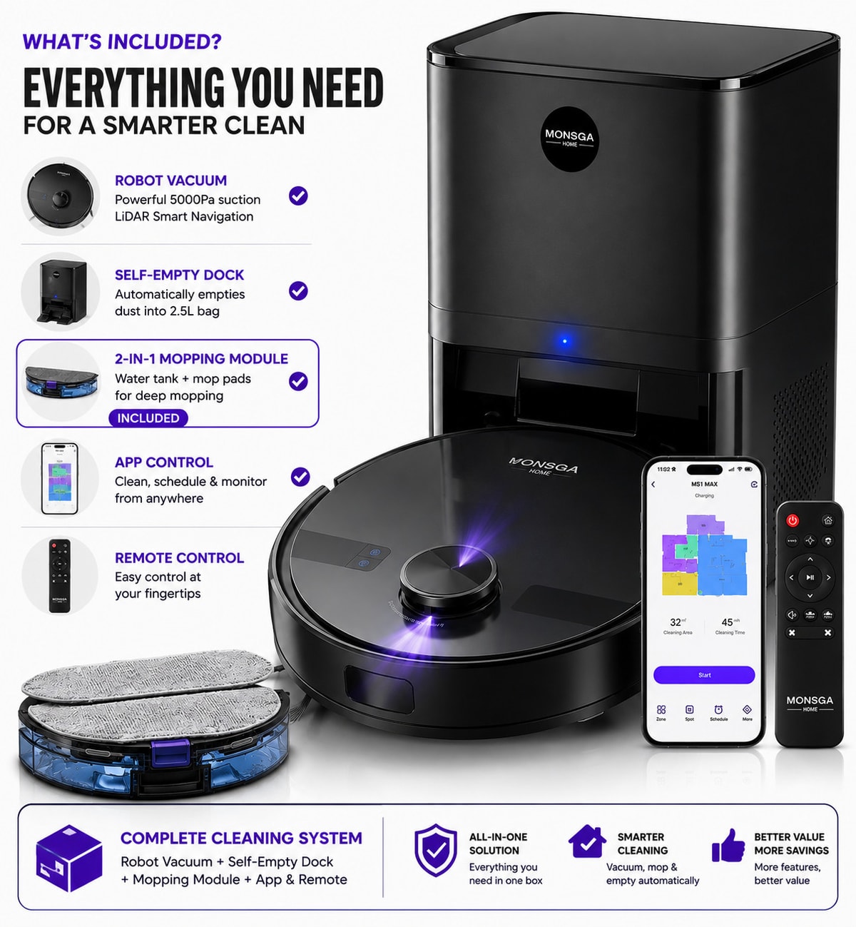 MONSGA Robot Vacuum Cleaner 5000Pa LiDAR Self Empty Mop App Control