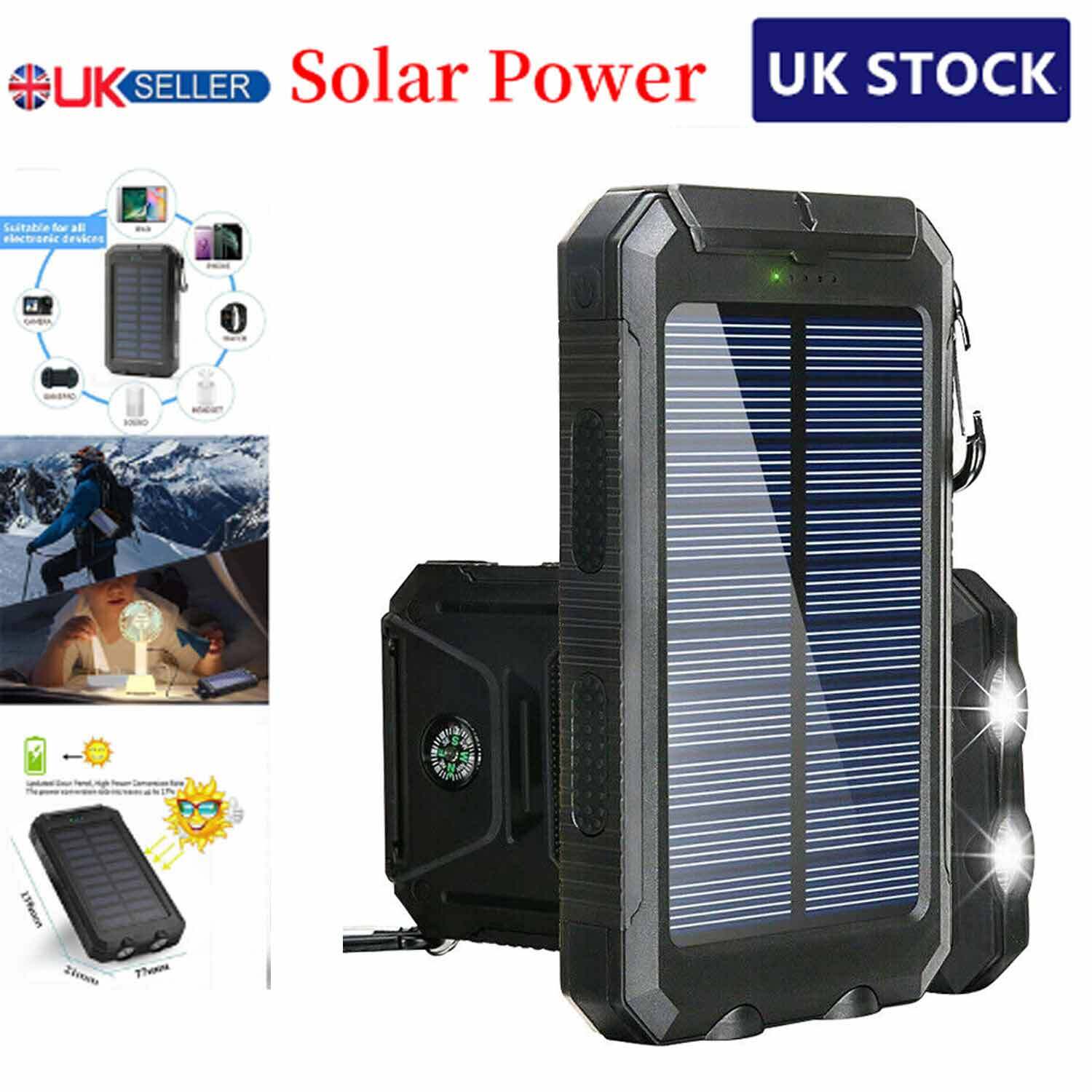 900000mAh Solar Power Bank Pack Waterproof 2USB LED Battery Charger Phone UK