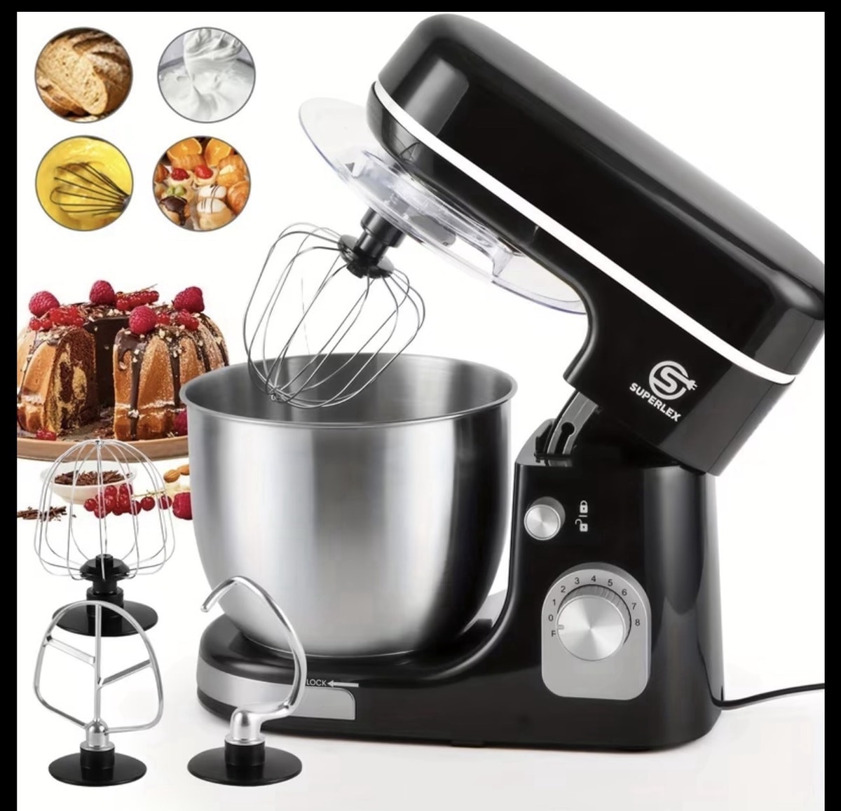 SUPERLEX 5L Kitchen Stand Mixer – 8-Level Speed, 1300W, Stainless Steel Bowl