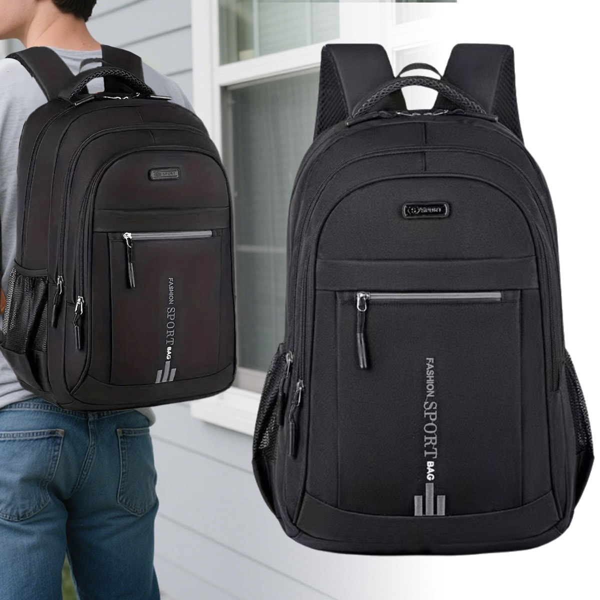 Backpack Rucksack Large Mens Womens Bag Travel Work Hiking School Sports Black