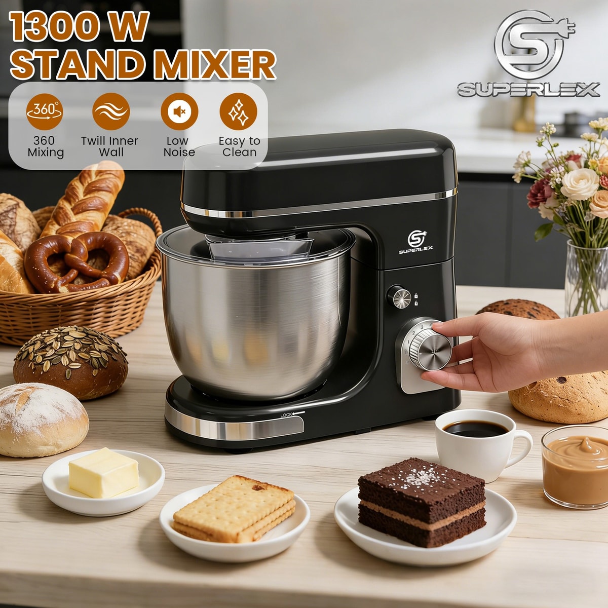 SUPERLEX 3-in-1 Stand Mixer 5L 1300W – 8-Speed Kitchen Mixer with 3 Attachments