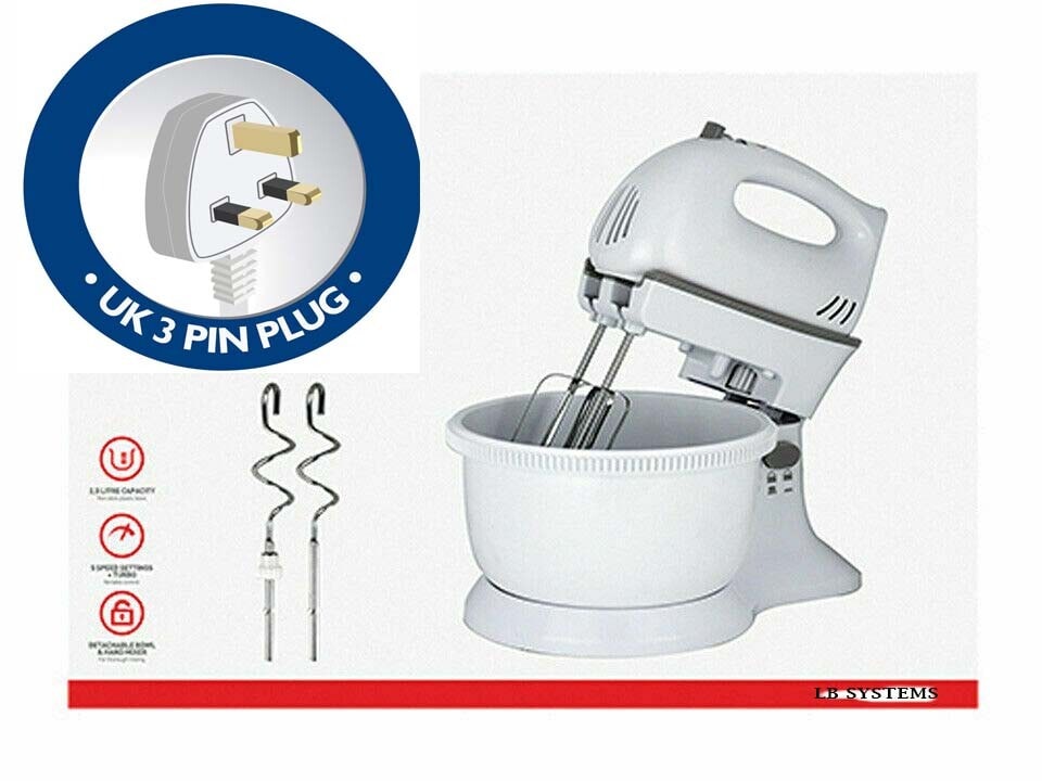 Hand Stand Mixer Cooking Food Baking With Bowl Kitchen Electric 300W White 2.5L