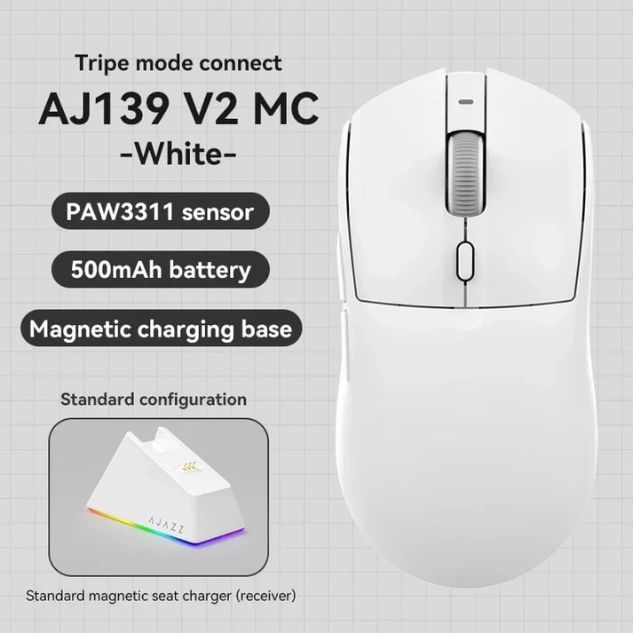 AJAZZ AJ139 V2 MC Wireless Mouse Wired 2.4G Bluetooth Three-Mode Gaming White