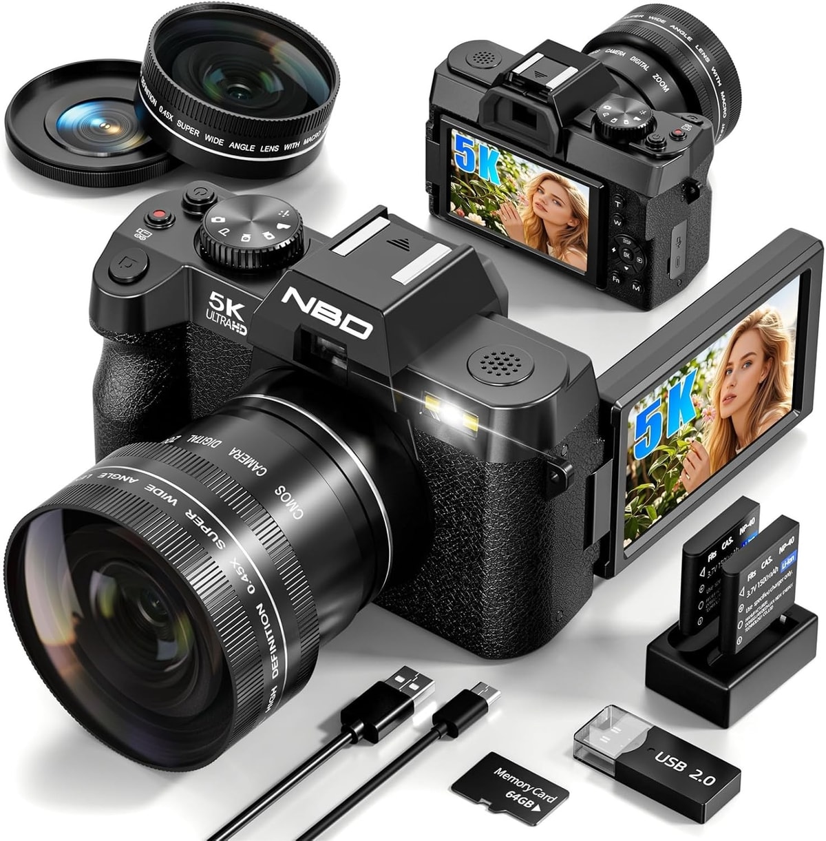 NBD Digital Cameras 5K 48MP Autofocus Vlogging Camera for YouTube with 32GB TF