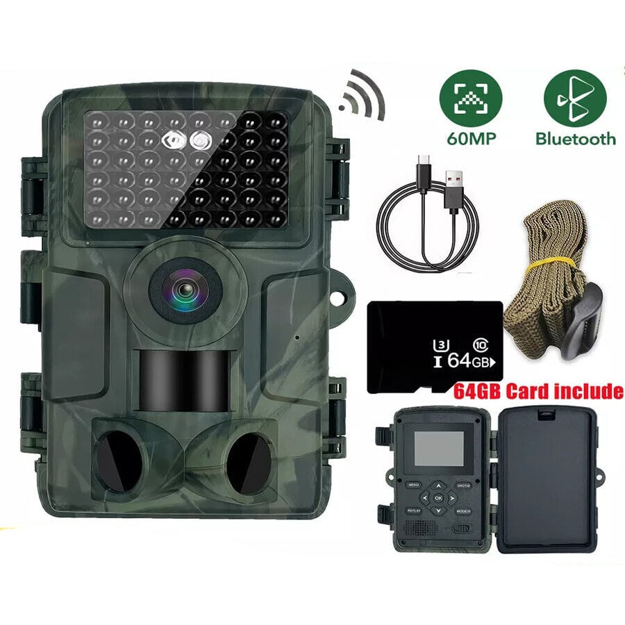 64GB 60MP Wildlife WIFI APP Trail Camera 4K Night Vision Outdoor Hunting Camera