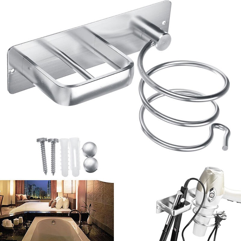 Wall Mounted Hair Dryer Straightener Holder Shelf Stand Storage Organizer Silver