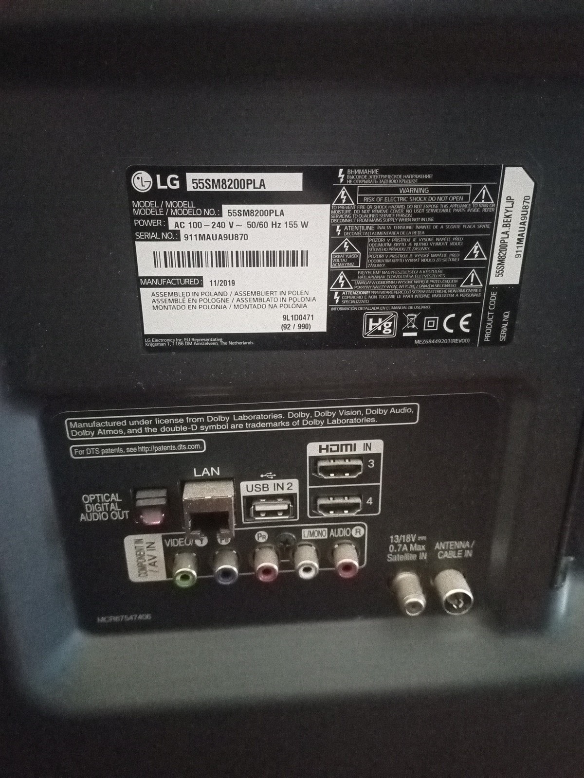 LG 55SM8200PLA 55in LED 4K TV 2019 Flat Screen HDMI LAN USB Black