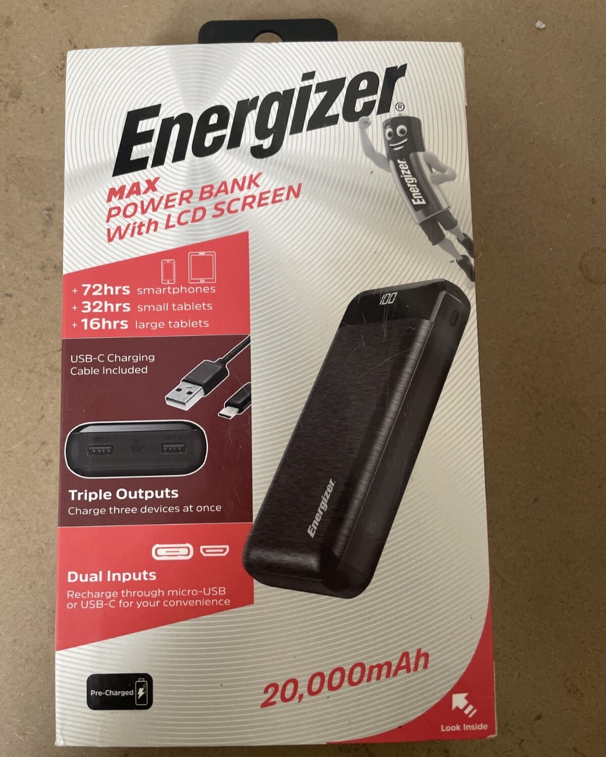Energizer 20000mAh Power Bank Charger LCD 2xUSB-A USB-C w/Generic Lead UE20058