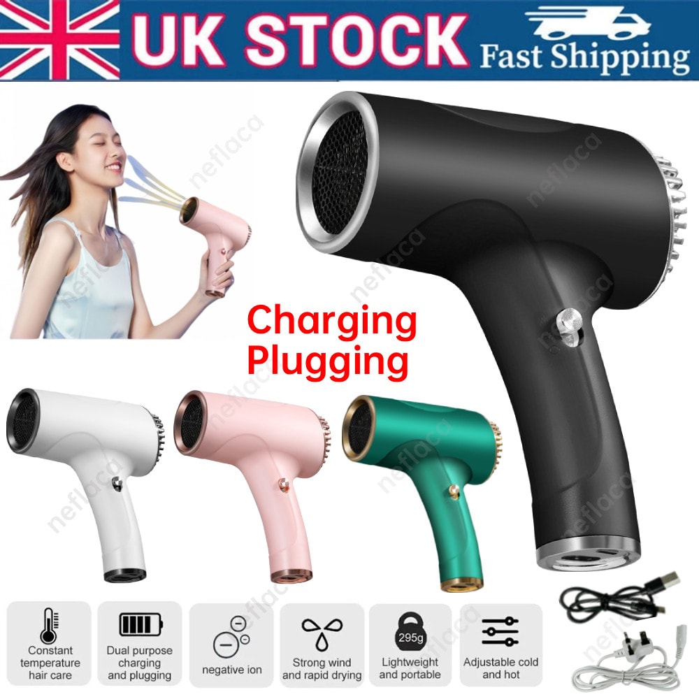 USB Cordless Hair Dryer Versatile Portable Rechargeable Hairdressing + UK Plug
