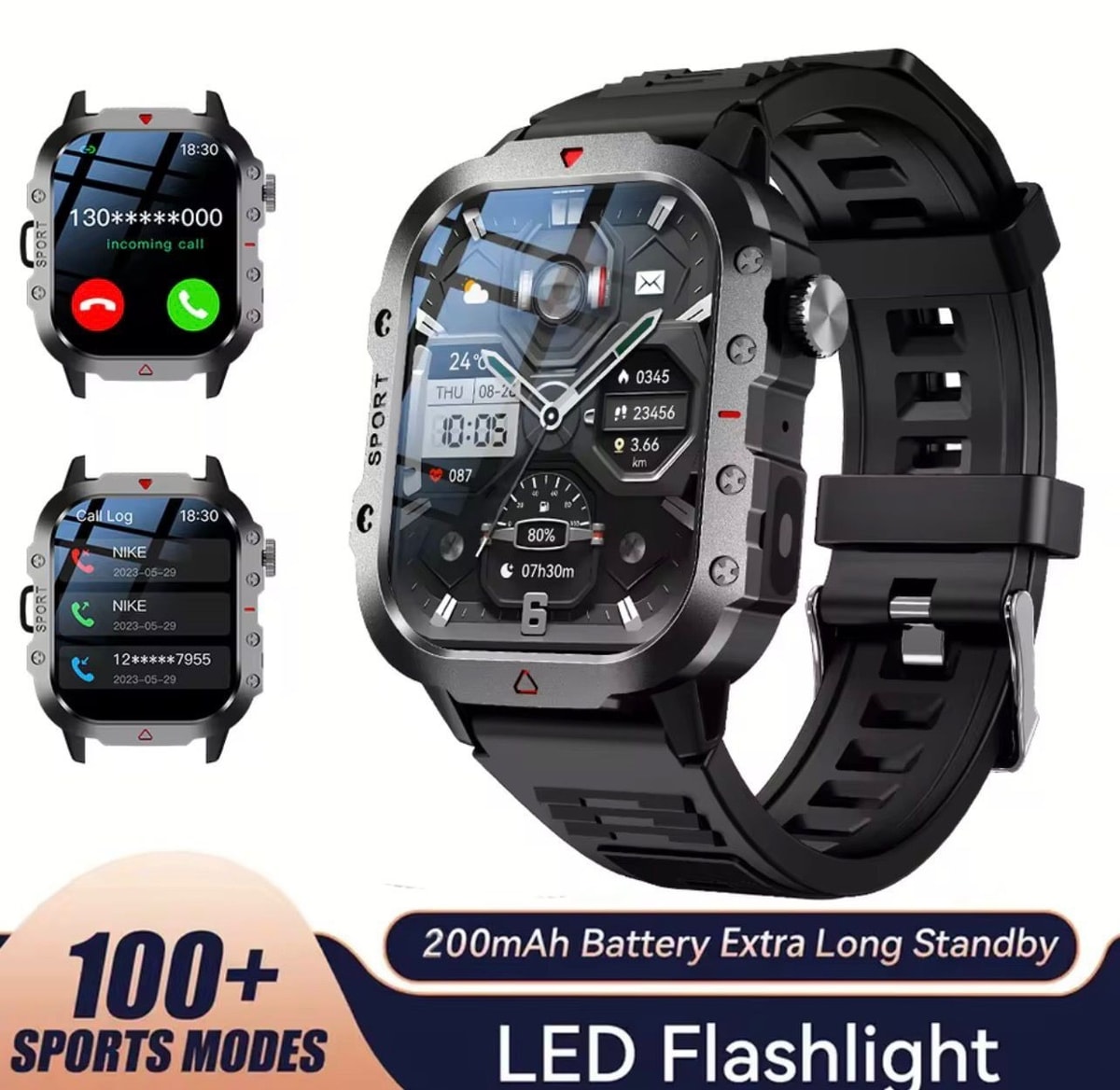 Outdoor Sports Smart Watch 2.01 Inch HD Screen LED Flashlight Bluetooth Talking
