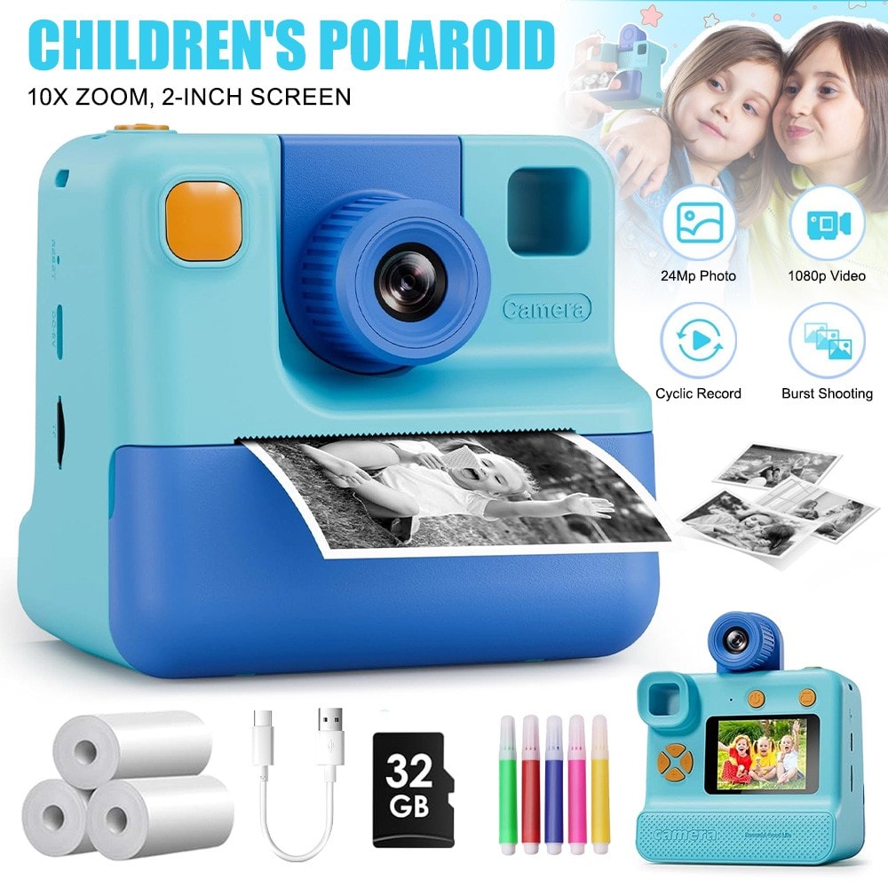 Kids Mini Instant Print Camera with 3 Rolls Print Paper Thermal Printer Portable