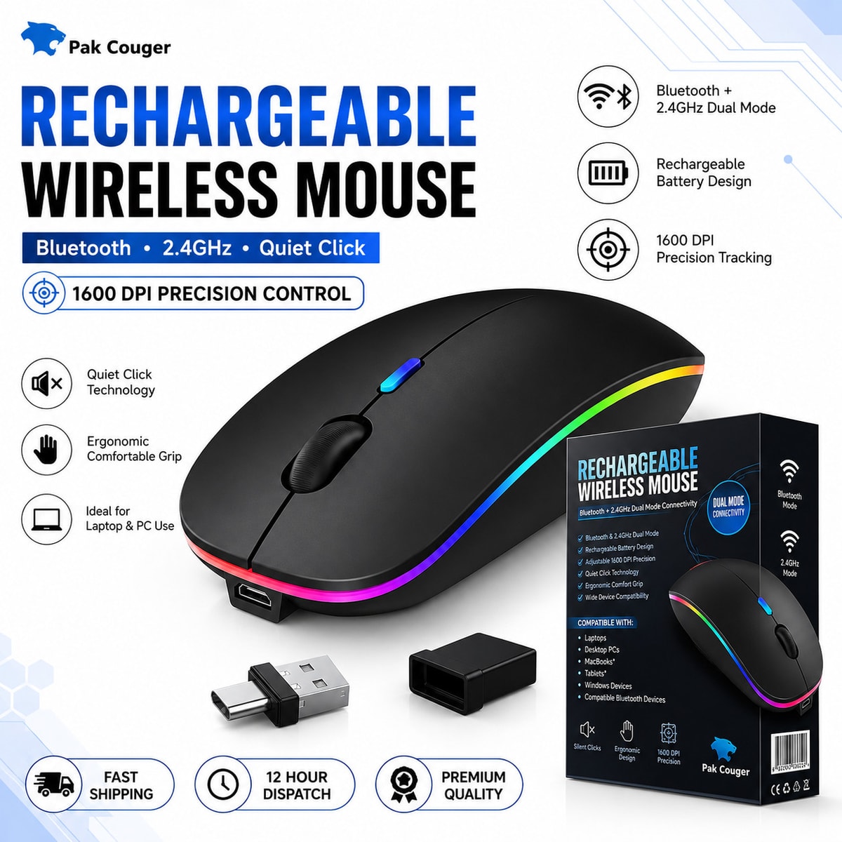 Rechargeable Wireless Mouse RGB LED USB Gaming Mice Laptop PC Mac UK
