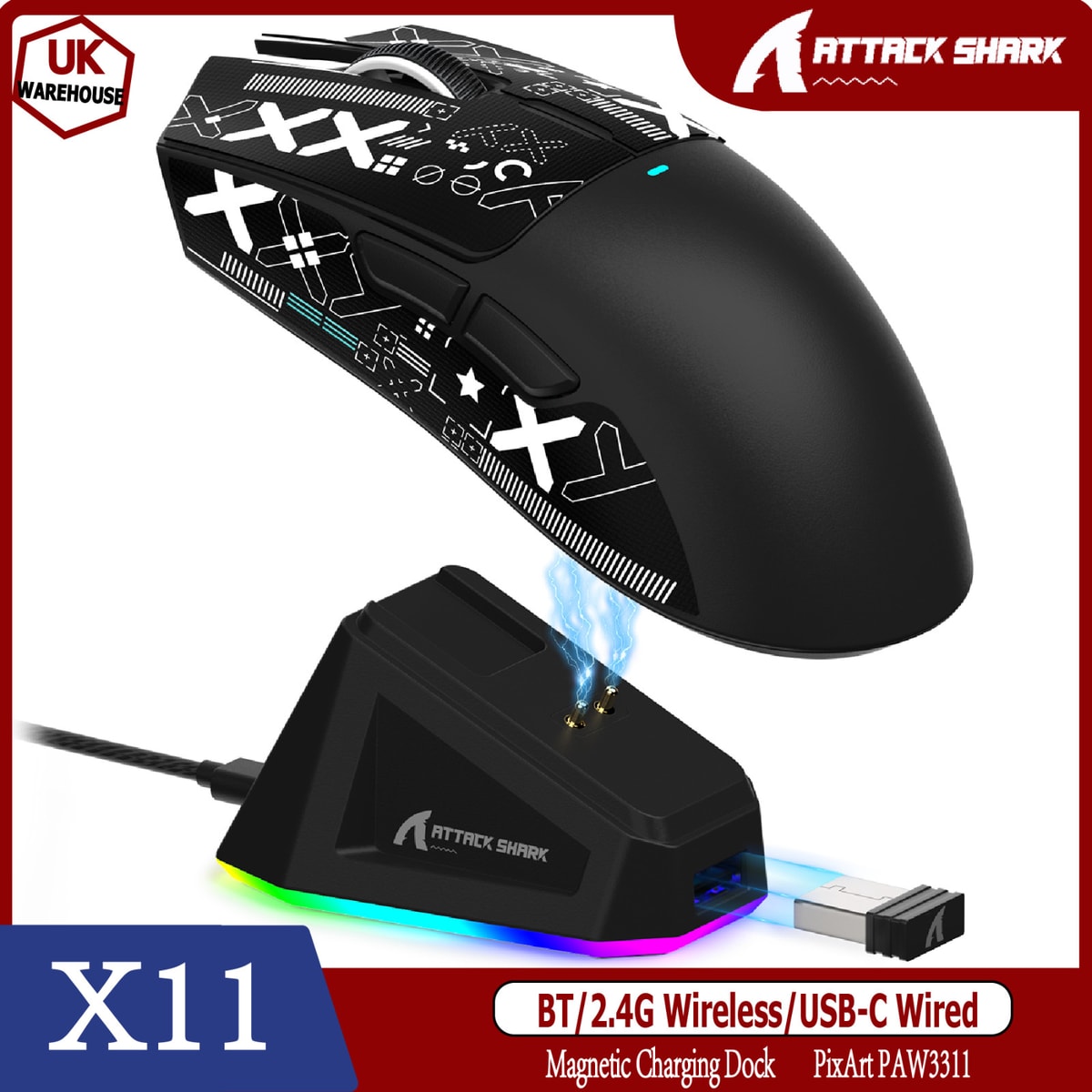 ATTACK SHARK X11 Wireless Gaming Mouse with Magnetic Charging Dock PAW3311 63g