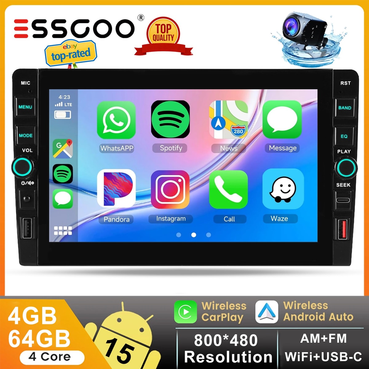 4+64G Android 15 Autoradio Carplay GPS NAVI BT+AHD Bluetooth +Mik Kamera 2 DIN