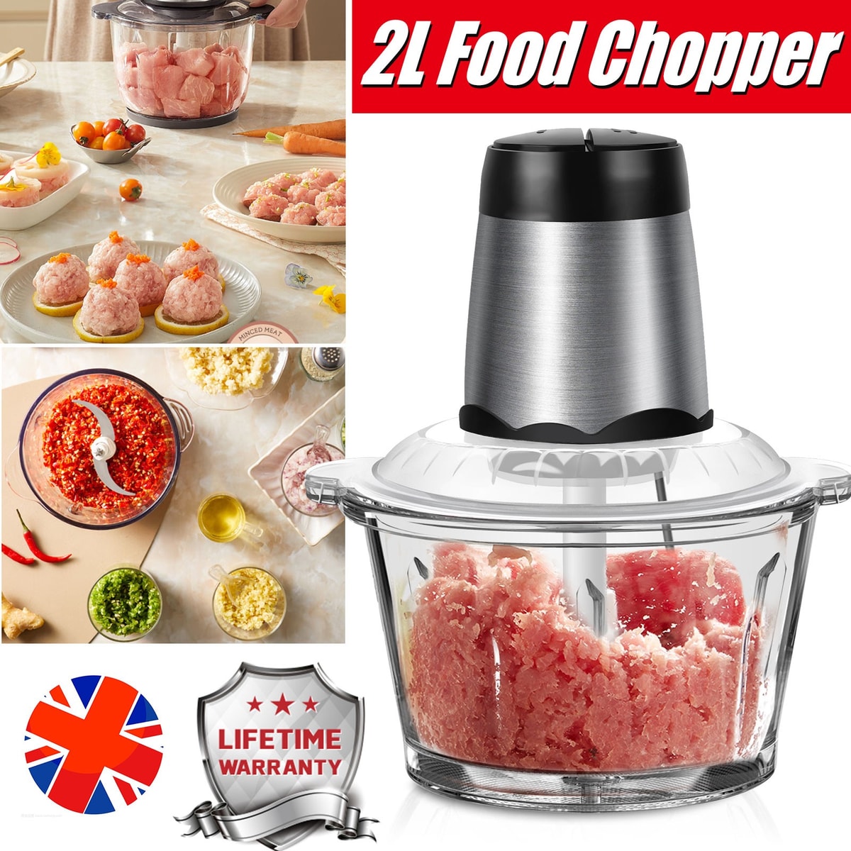 2L Chopper Electric Blender& Food Processor Glass Mixer Garlic Spices Grinder AA
