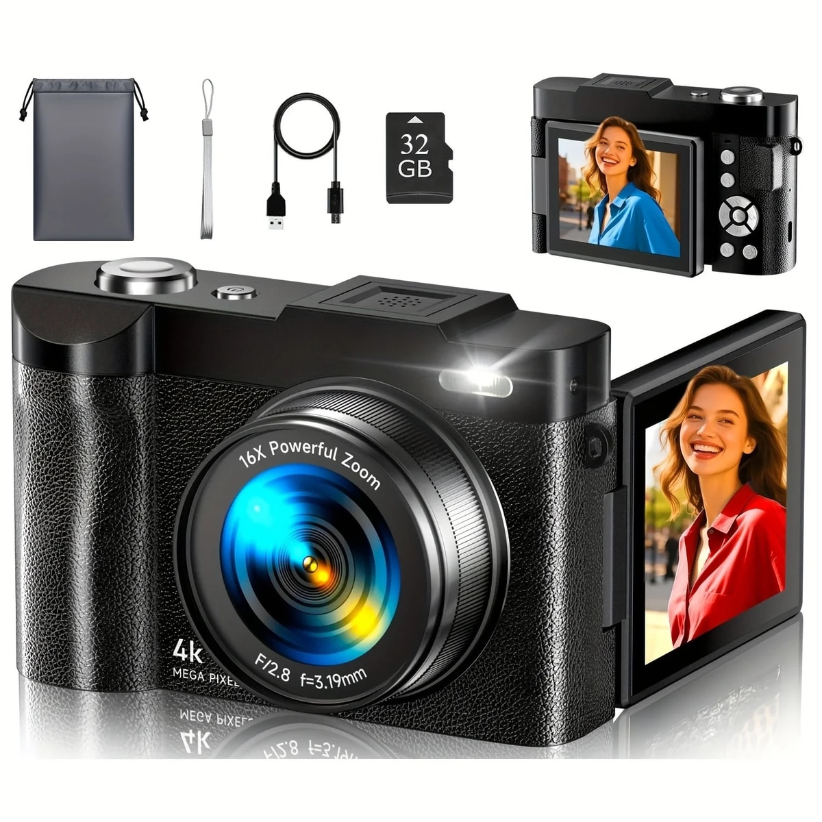 4K 50MP Digital Camera | Auto Focus Vlogging Camera with 16X Digital Zoom, 3 Inc