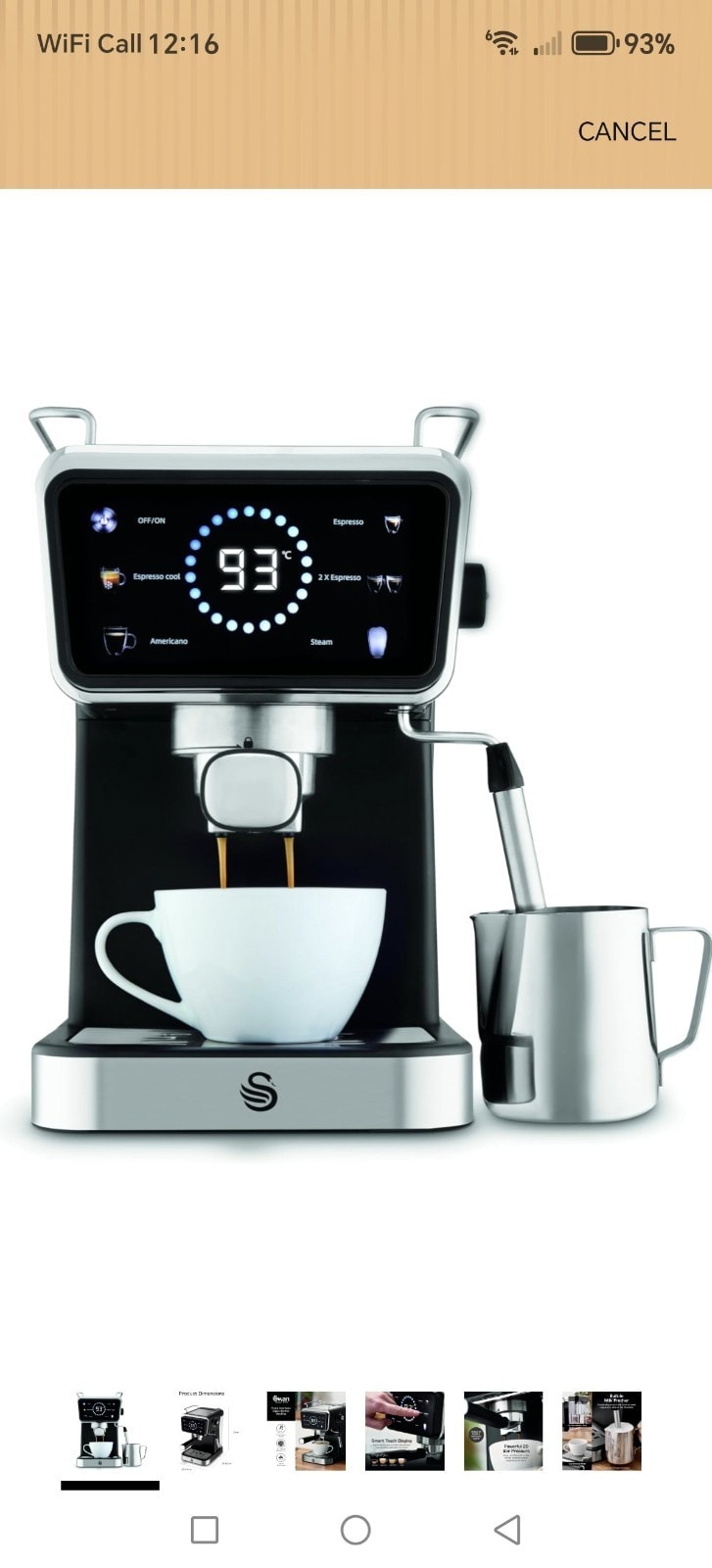Swan Core Pump Espresso Digital Coffee Machine 5 Pre-Sets 20 Bar Pressure Black