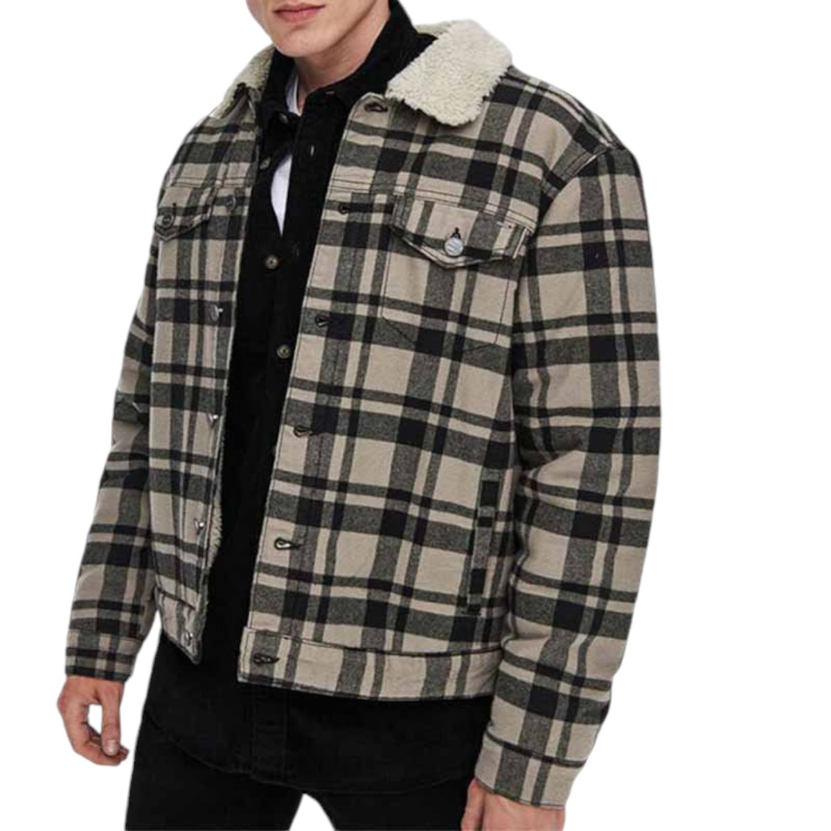Mens Winter Jacket Long Sleeve Fur Collar Fleece Lumberjack Check Shirt Jacket