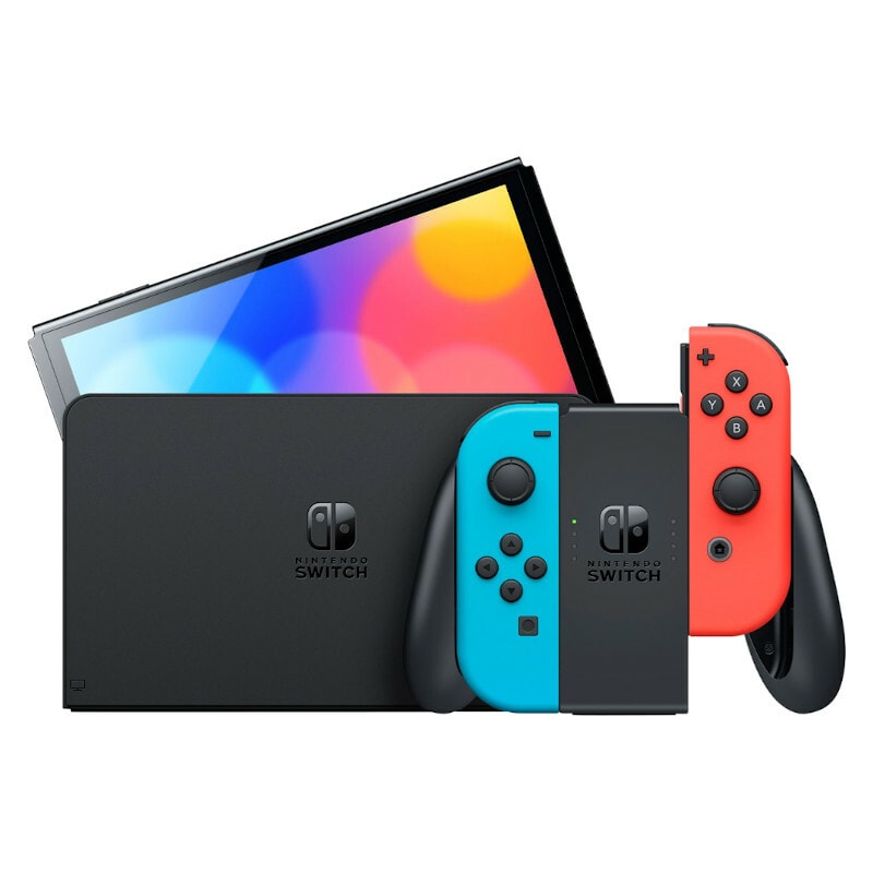 Nintendo Switch OLED - 64GB - Black Console, Neon Blue/Red Controllers - Good