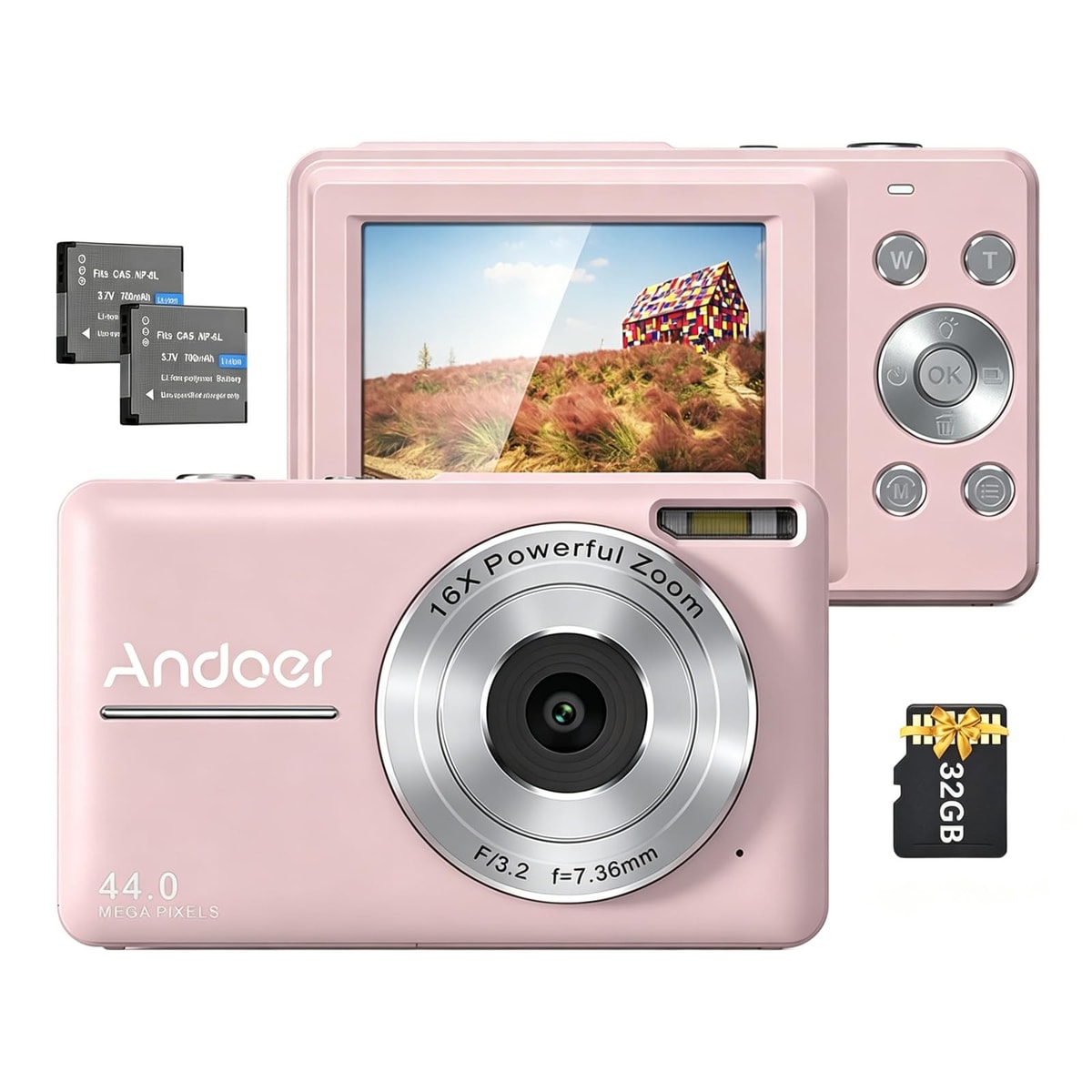 Andoer Digital Camera 44MP 1080P 32GB Card 16X Zoom 2 Batteries SD LCD microSD