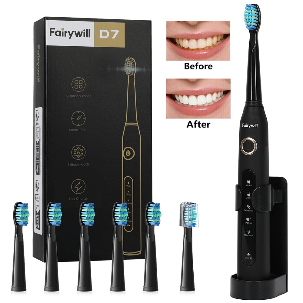 Fairywill Sonic Electric Toothbrush USB Rechargeable Toothbrush 6x Brush Heads