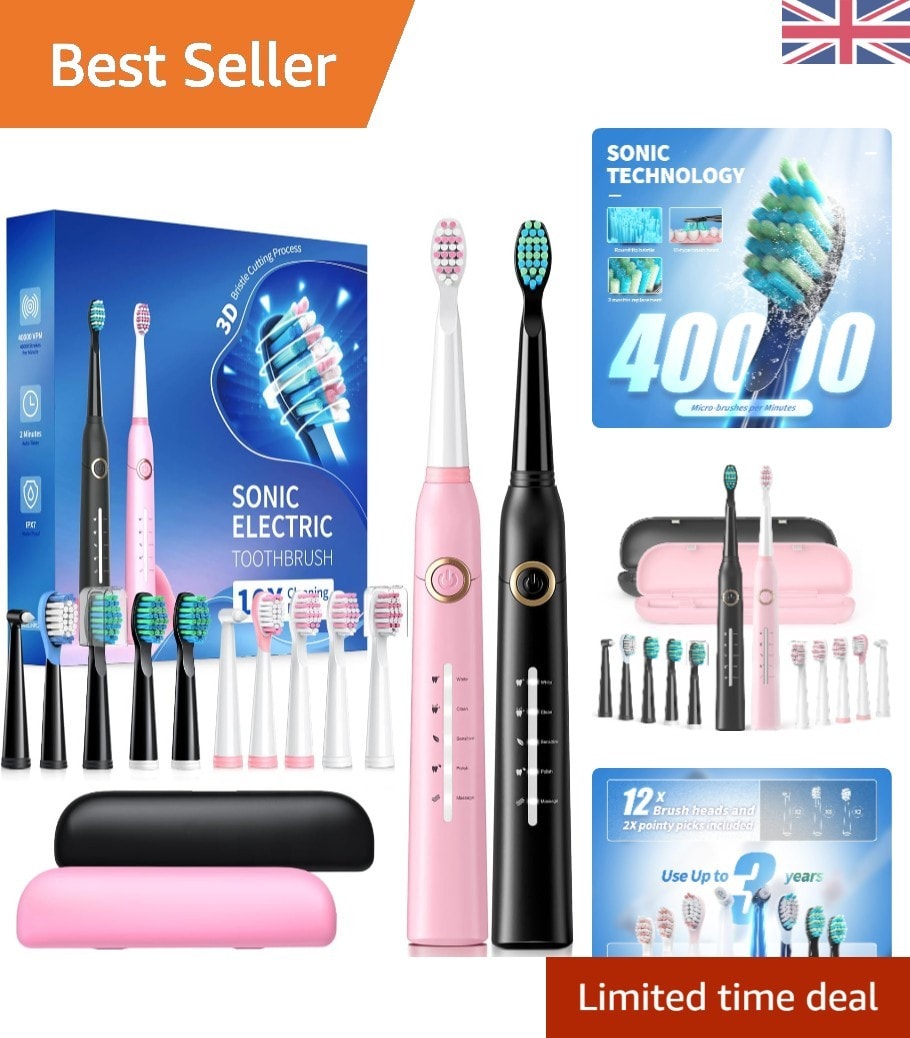 Elegant Pink & Black Sonic Electric Toothbrush with Smart Timer & 30-Day Battery