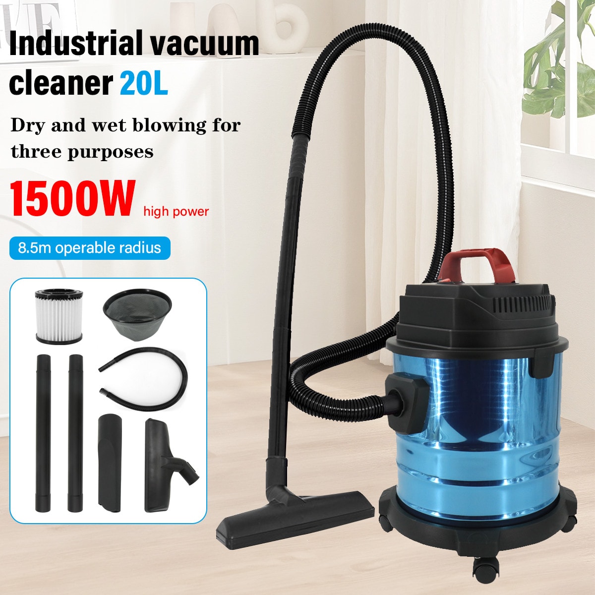 20L 1500W Vacuum Cleaner Wet and Dry Cylinder Powerful Compact Blower Cleaner