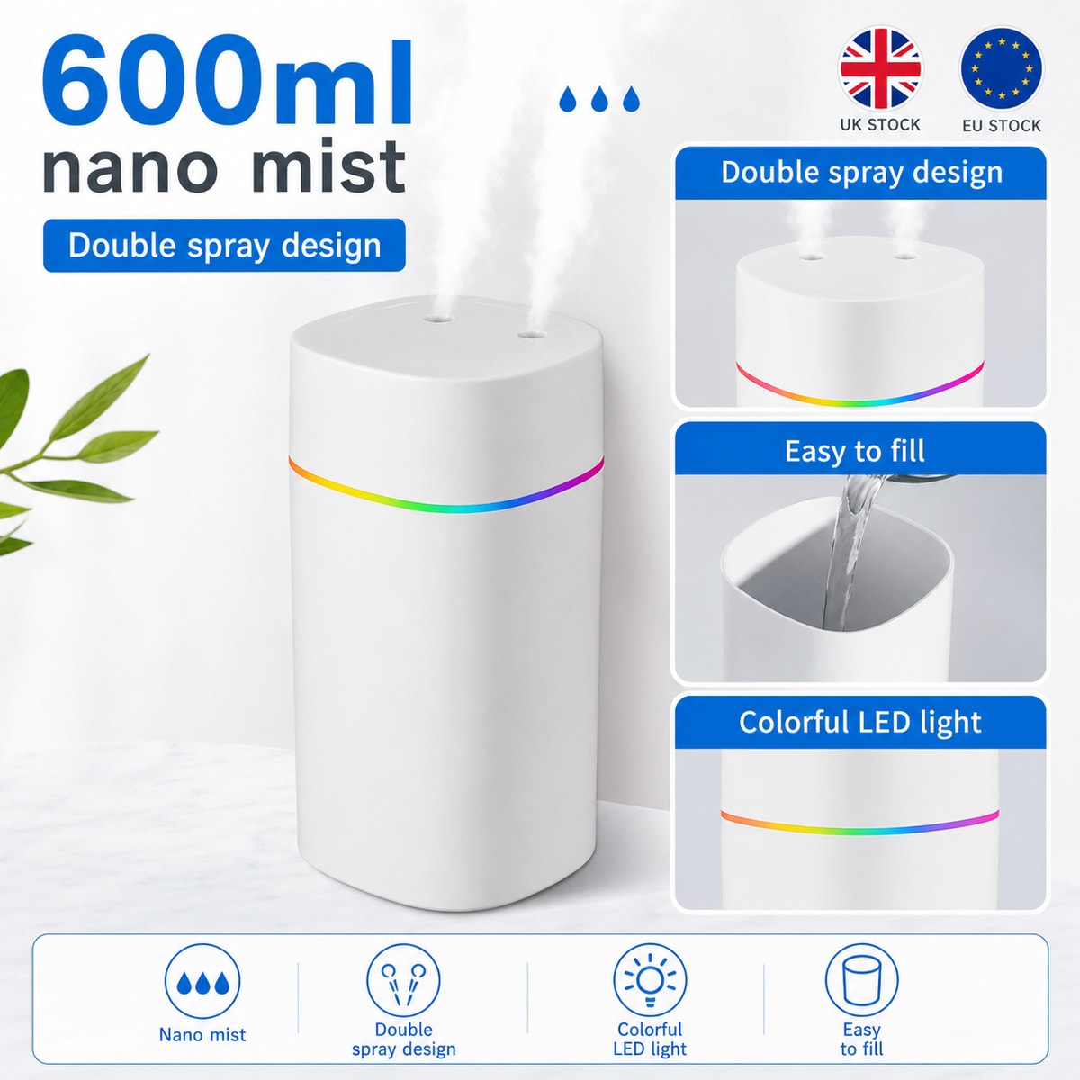600ml USB Air Humidifier Aromatherapy Diffuser Double Spray White