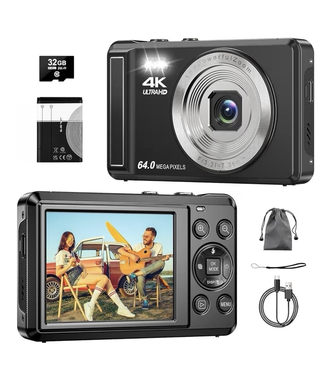 4K Digital Camera, 2.8 Inch 64MP UHD with 32GB Card, 1200mAh Battery, 16X Zoom