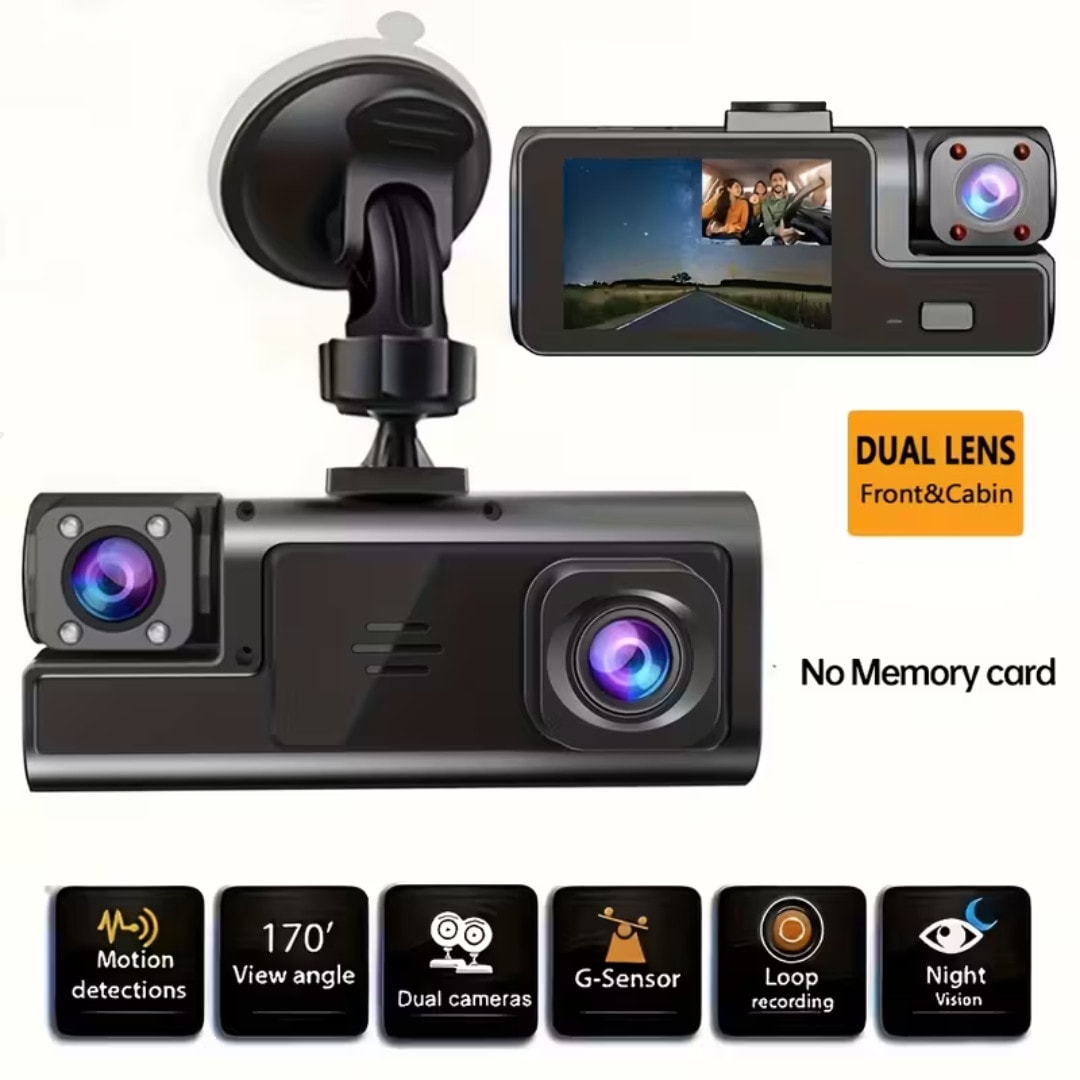 Dual Camera Car Dash Cam – Front 1080P & Rear 720P HD, Rechargeable Battery