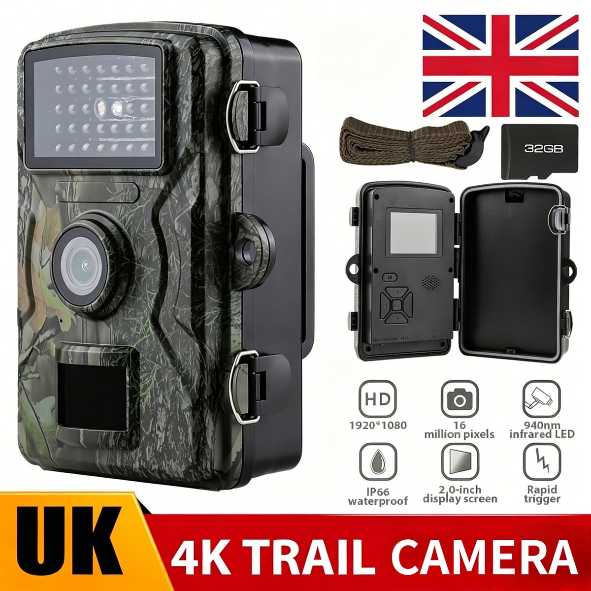 32GB Wildlife Trail Camera 1080PGame Night Vision Outdoor Motion Hunting Cam UK