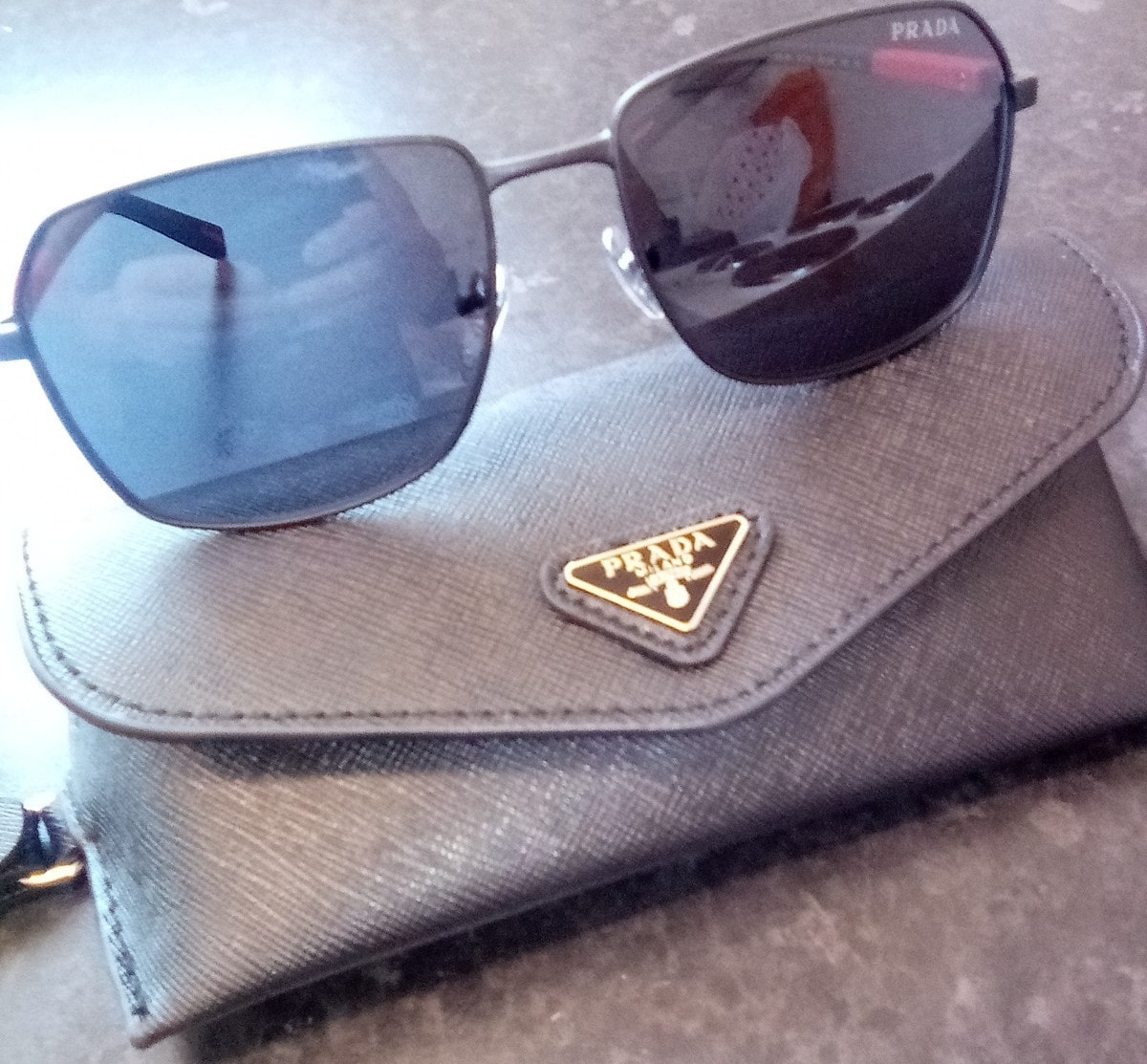 PRADA Men's Rectangular Sunglasses Black Metal Frame Grey Tinted Plastic Lenses